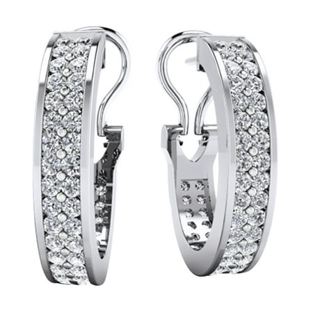 Round Cut White Natural Diamond Double Row Hoop Earrings In 14K Solid White Gold (0.70 Ct)