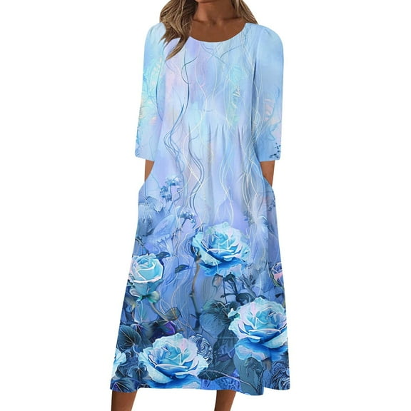 Edvintorg 3/4 Sleeve Dress for Women Floral Printed Crew Neck Casual Midi Dress Summer Dresses for Women 2025 Vacation