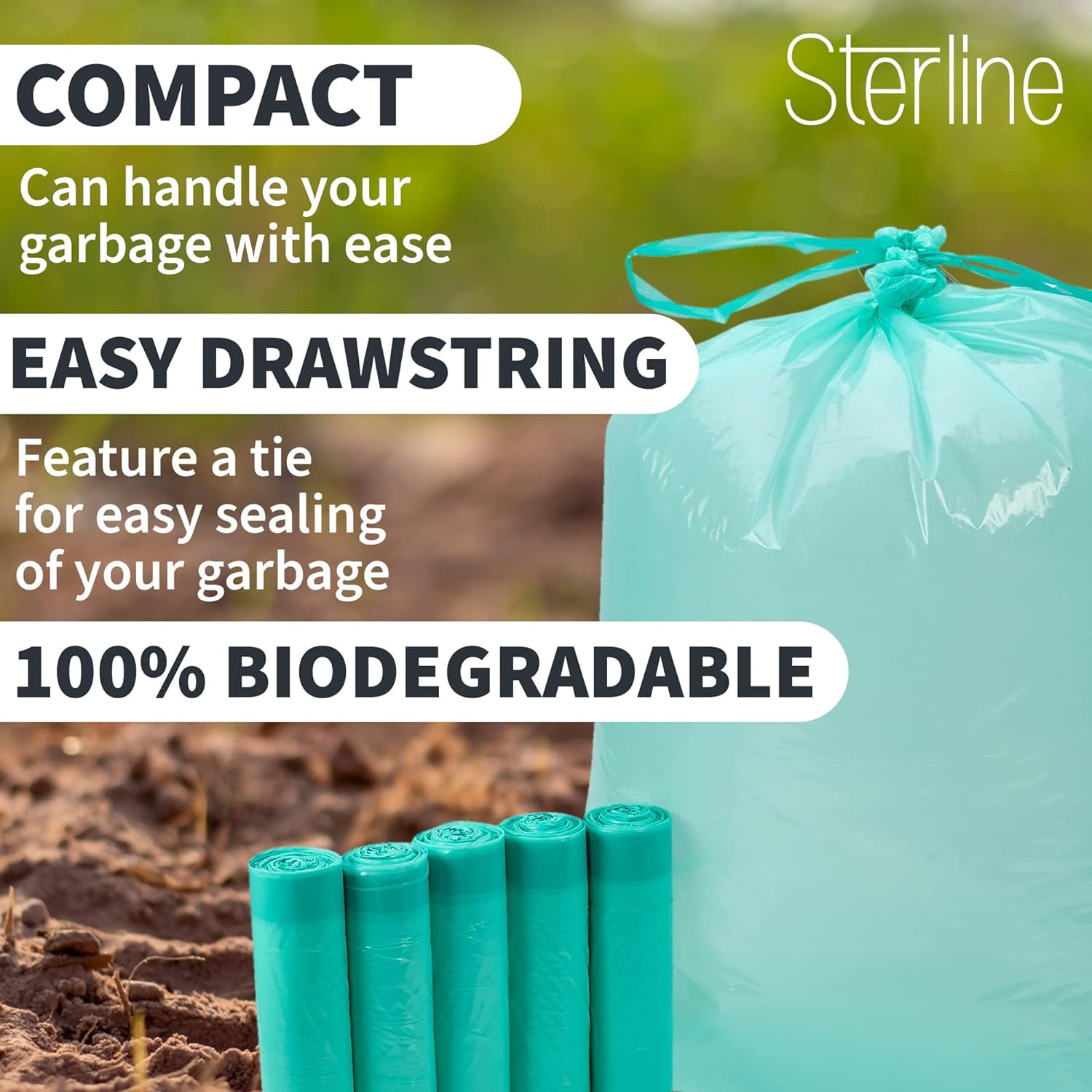 Sterline Eco-Friendly Trash Bags Code Q - 50PK 13-17 Gallon (50-65L) Biodegradable Garbage Bags - Compatible with SimpleHuman - Sustainable, Compostable, Heavy-Duty - Green Living Solution