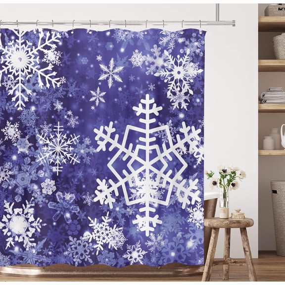 Merry Christmas Snowflake Shower Curtain Set, Happy Holiday Winter Black White Bathroom Decorative Winter Waterproof Fabric 72x72 Inch with 12 Hooks