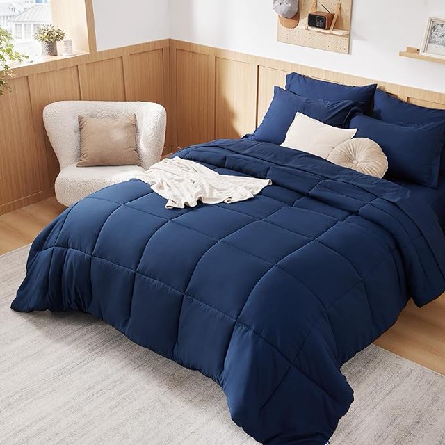 Bedsure Navy Juegos de Cama Queen - 7 Piezas Sólidas Queen Bed in a Bag, Cama Queen