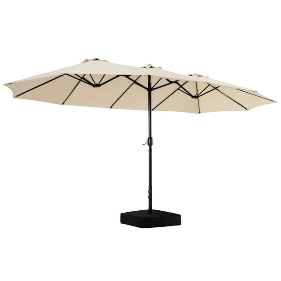 Nuu Garden 15 x 9 FT Double-Sided Patio Umbrella with Umbrella Base, 12 Sturdy Ribs Outdoor Double-Sided Umbrella Oversized Shade for 8-10 People, UV Protection Water Resistance, Beige