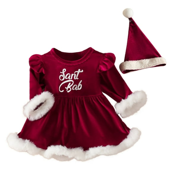 Mercatoo 𝐍ewborn Baby Girl Christmas Dress Santa Baby 𝐎nesie Red Velvet Romper Dress with Santa Hat 2Pcs I𝐧fant Xmas Clothes