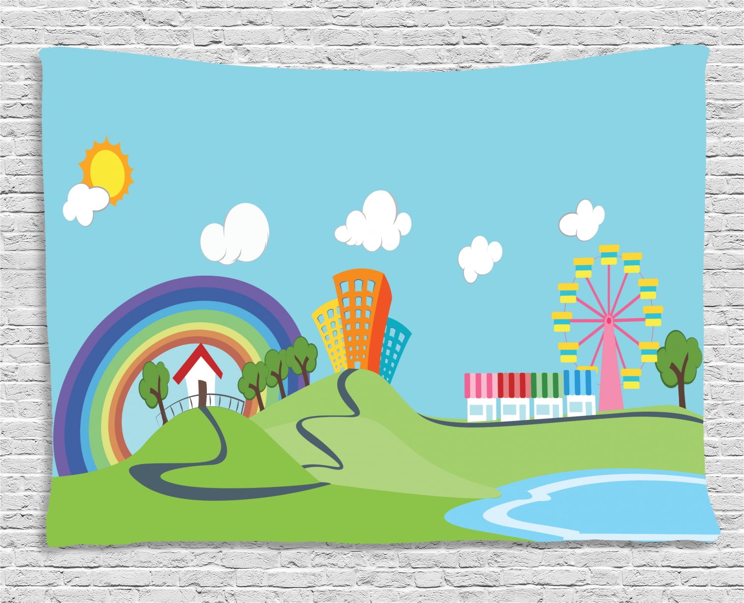 Ferris Wheel Tapestry, Childish Cartoon Village Landscape under Rainbow