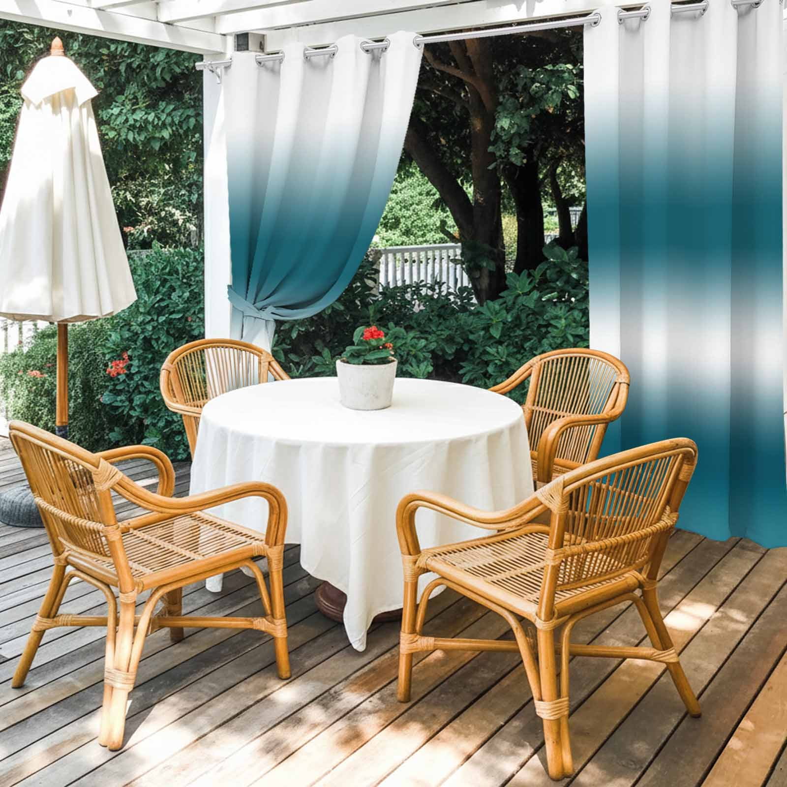Dark Blue and White Gradient Outdoor Curtains for Patio, Minimalist Dark Cyan Ombre Modern Sunshade Privacy Drapes Grommet Waterproof Outside Curtains for Porch/Cabana/Balcony 54"x 95", 2 Panel