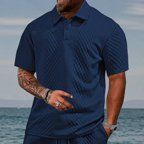 pstuiky camisetas para hombre, Blusa de manga corta con cuello vuelto y botones transpirables de color liso a la moda para hombre camisetas de hombre xl