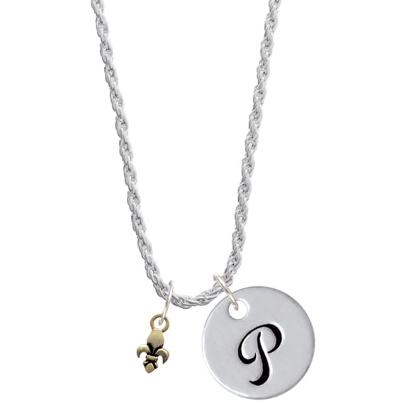 Delight Jewelry Goldtone Mini Fleur de Lis Silvertone Script Initial Disc - P - Charm Necklace, 20"+3"