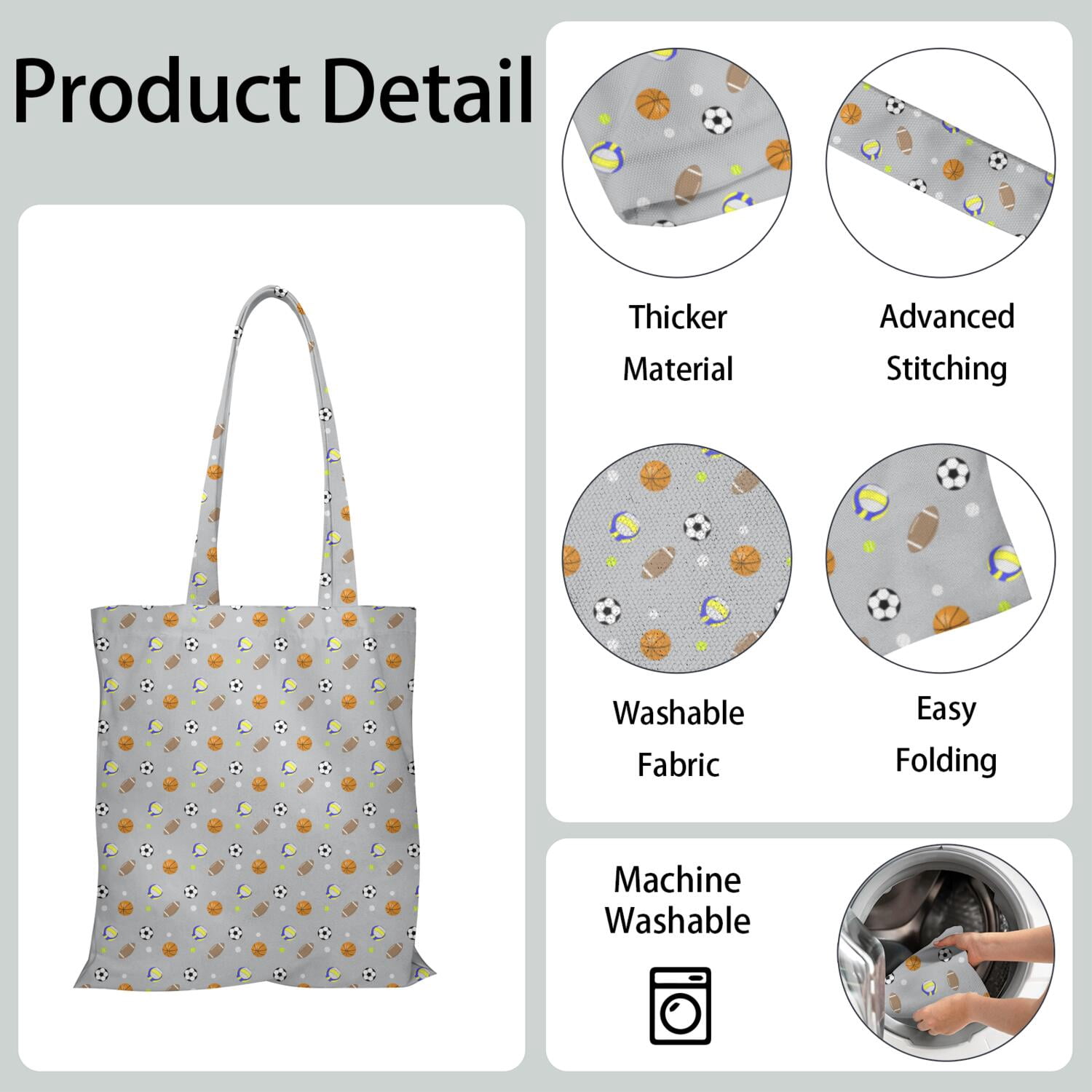 Player Sports Canvas Tote Bag – Baseball Football Soccer Basketball Print Reusable Tote Bag, Kids Boys Teen Athlete Team Competition Play Training Softball Volleyball Tennis Golf