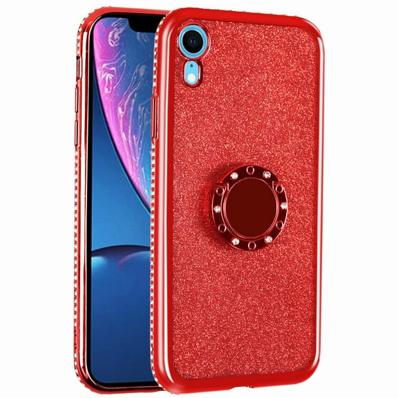 SOATUTO Compatible with iPhone X/XS Case,Cute Girly Glitter Diamond Rhinestone Bumper with Ring Kickstand Pink TPU Protective Cover Case for iPhone X/XS Bling - Red