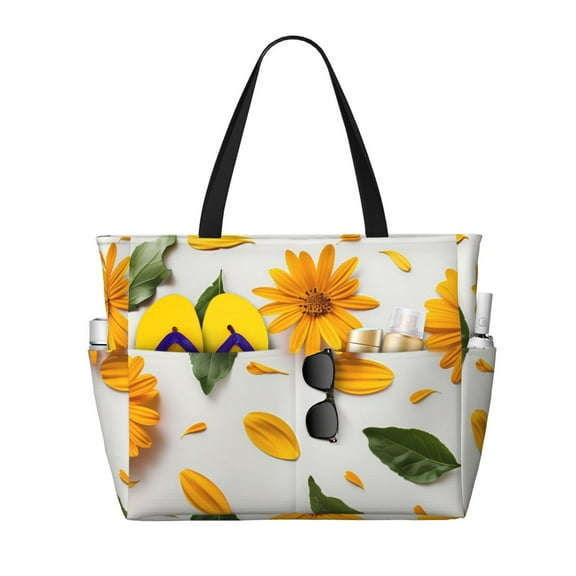 KLL Sunny Yellow SunFlower Print Large Beach Tote Bag Women Waterproof Sandproof Zipper Beach Tote Bag for Pool Gym Grocery Travel with Wet Pocket