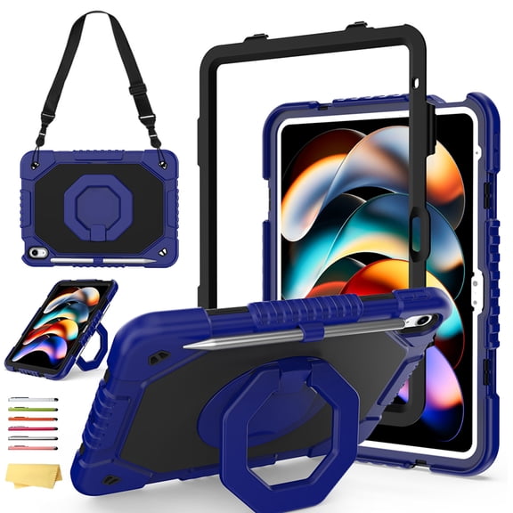 ELEHOLD For iPad 11th (A16) 2025/10th Gen 2022 11-inch Case , Heavy Duty 3-Layer Shockproof Hand Grip Kickstand Protection Cover with Shoulder Strap,Blue