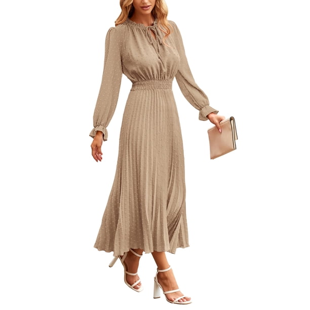 Vestido PRETTYGARDEN Midi de Lunares Suizos Plisado Manga Larga Caqui M
