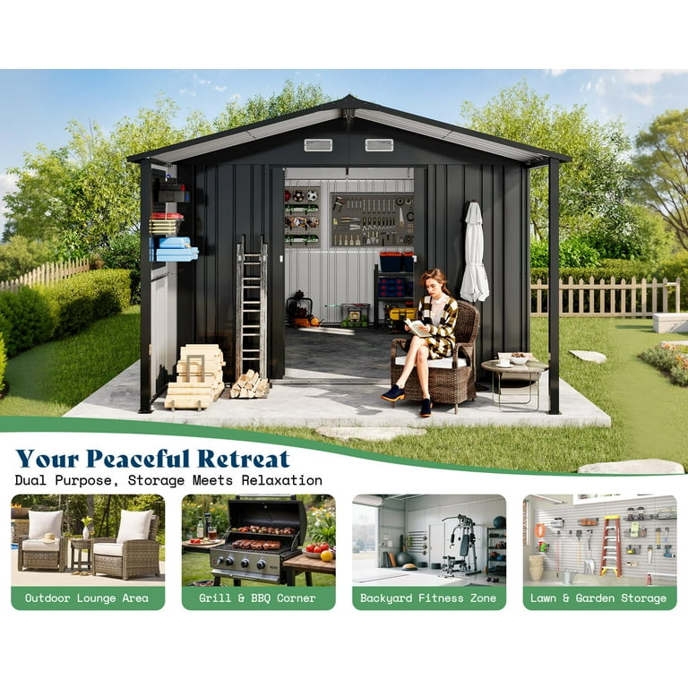 Jocisland 10x16.6x7.3 ft Metal Storage Shed with Lounge Area, 2