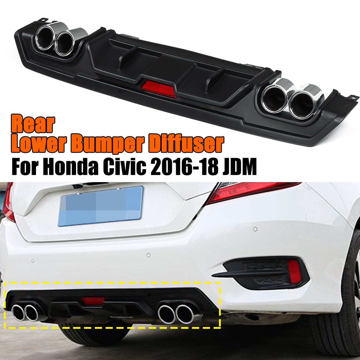 Rear Lower Bumper Diffuser W/ Dual Exhaust Tip Decor For Honda Civic 16