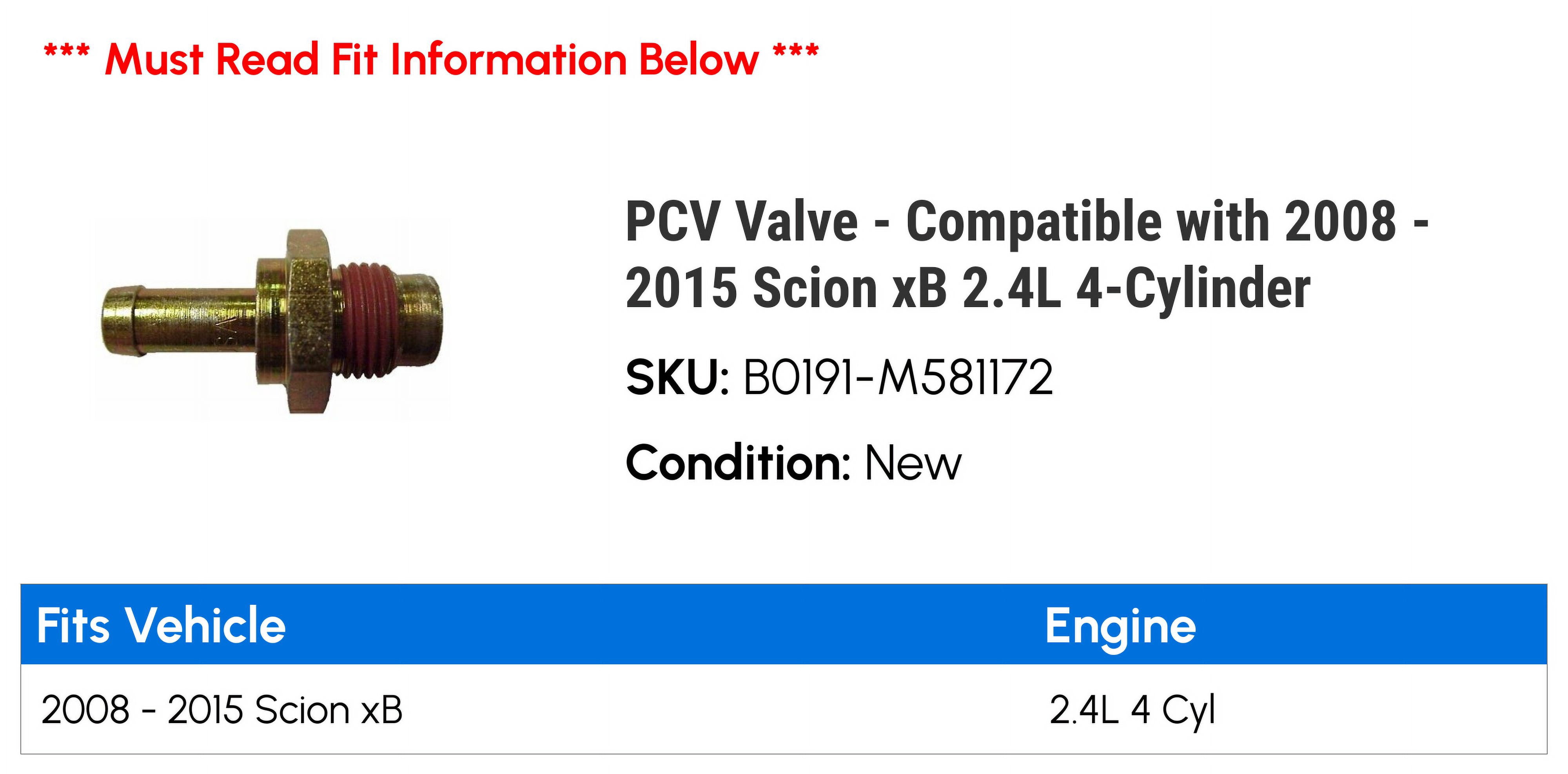 PCV Valve - Compatible with 2008 - 2015 Scion xB 2.4L 4-Cylinder 2009 2010 2011 2012 2013 2014