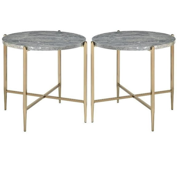 Home Square 2-Piece Furniture End Table Set in Gray Faux Marble and Champagne