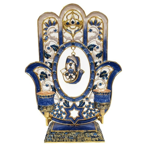 Nouvelle Collections Blue Hamsa/Hamesh Hand Shabbat Candle Holder Embellished with Genuine Crystals