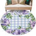 thumbnail image 2 of Round Area Rug 8 Ft, Purple Flowers Washable Non-Slip Circle Carpet for Living Room/Bedroom, Spring Floral Leaves Plants Blue Plaid Collection Low-Profile Large Area Rugs for Indoor, 2 of 7