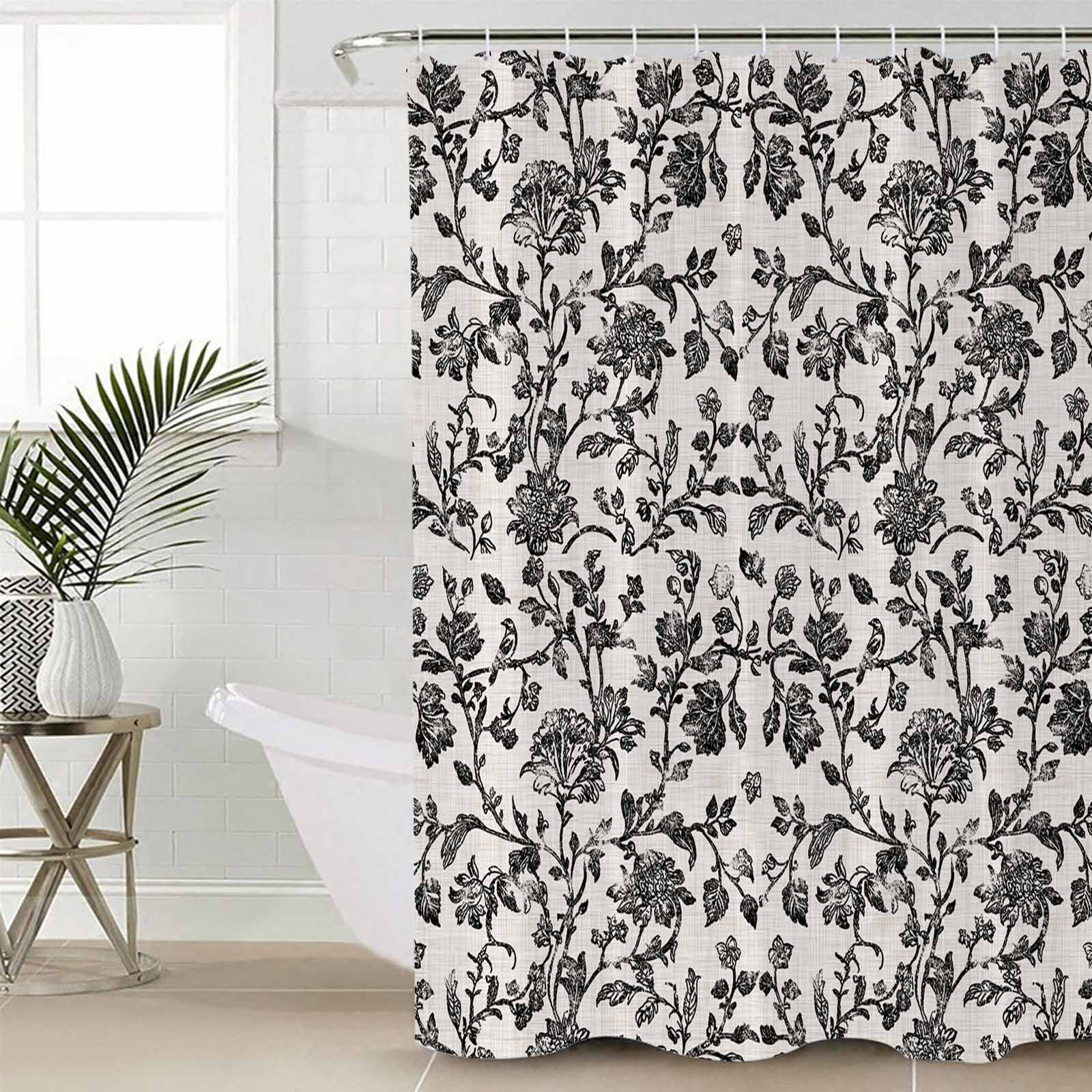 Small Stall Shower Curtain 36x78 Inch Narrow Half Size Farmhouse Black Bath Curtains Bathroom Decor Vintage Flower Leaf Botanical Plant Waterproof Fabric Shower Curtain Set with Hooks 36 Inch