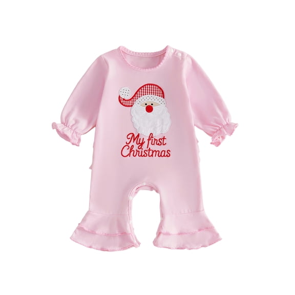 Cjfdfy Newborn Baby Girl Christmas Outfit Christmas Santa Embroidery Long Sleeve Ruffled Flared Pants Bodysuit Infant Cute My First Christmas Fall Winter Clothes 0-18M