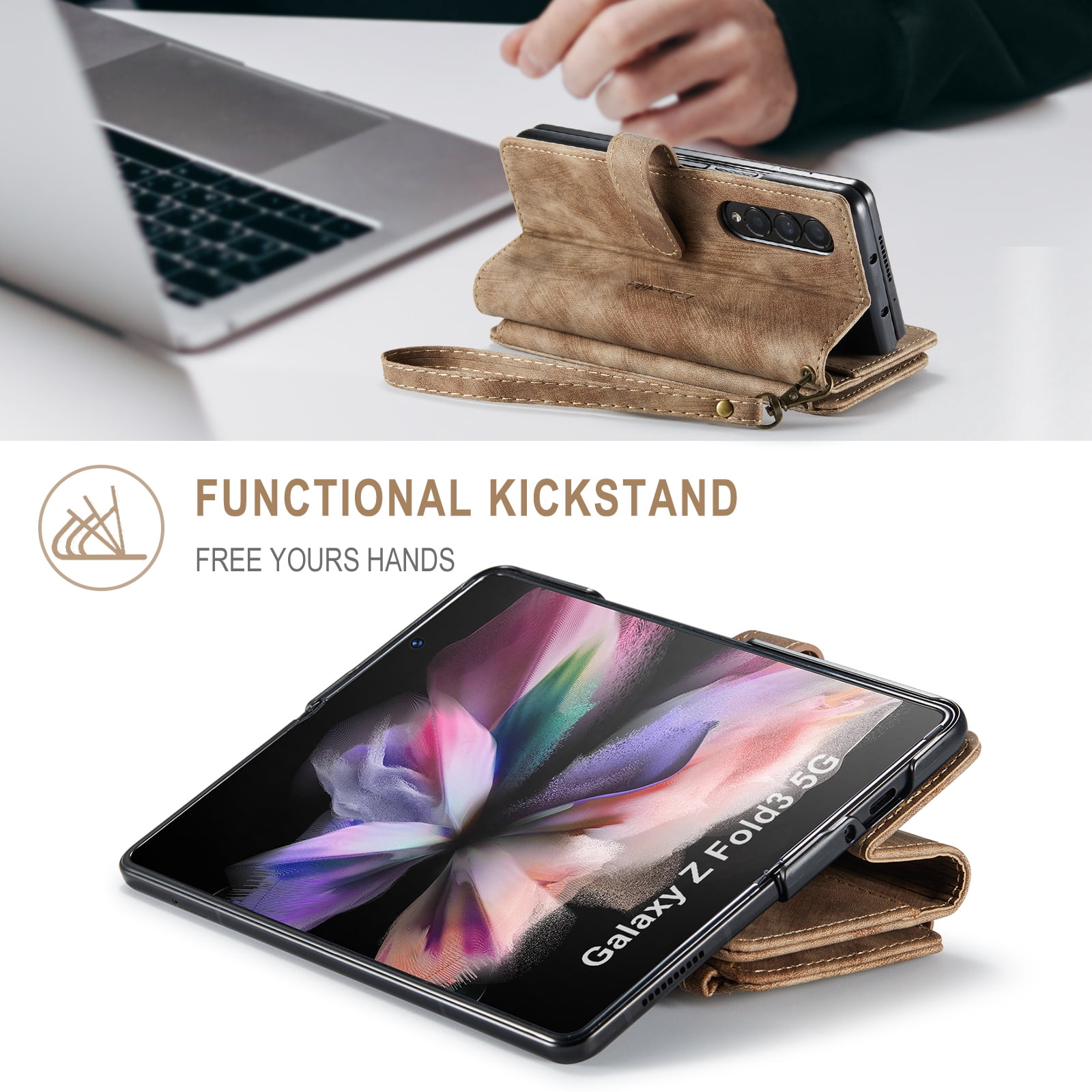 Dteck Galaxy Z Fold 3 Case, Dteck Heavy Duty Durable PU Leather Magnetic Wallet Flip Lanyard Strap Wristlet Zipper Card Holder Phone Case for Samsung Galaxy Z Fold 3 5G, Brown