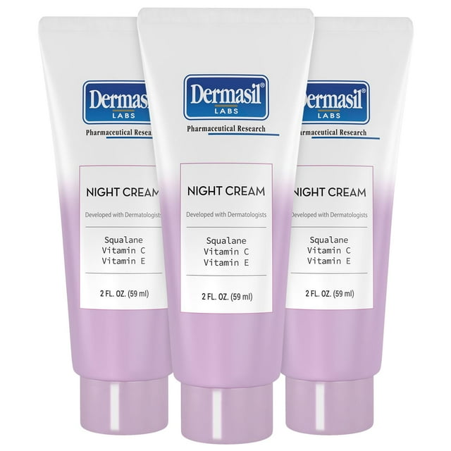 Dermasil Crema de Noche Paquete de 3 - Hidratante facial antienvejecimiento con ácido hialurónico escualano, vitamina C y vitamina E, 2 onzas Ea