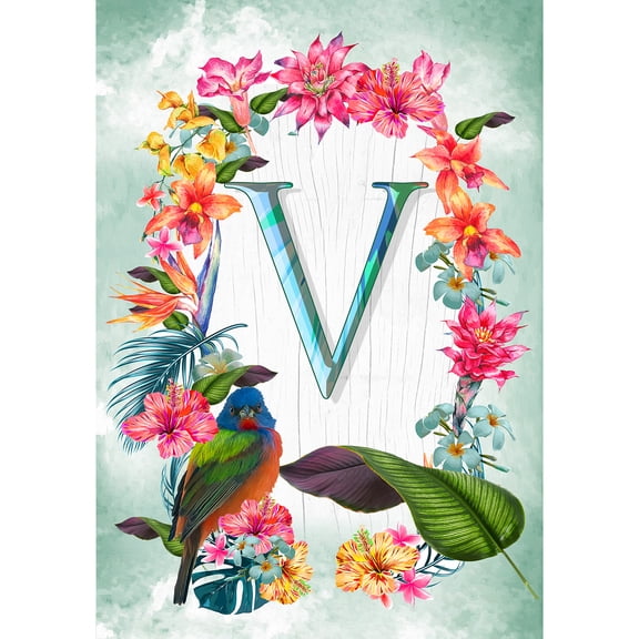 America Forever Summer Floral Wreath Monogram House Flag Letter V 28 x 40 inches Parrot Macaw Hibiscus Palm Leaves Double Sided Vertical Outdoor Yard Lawn Decorative Tropical House Flag