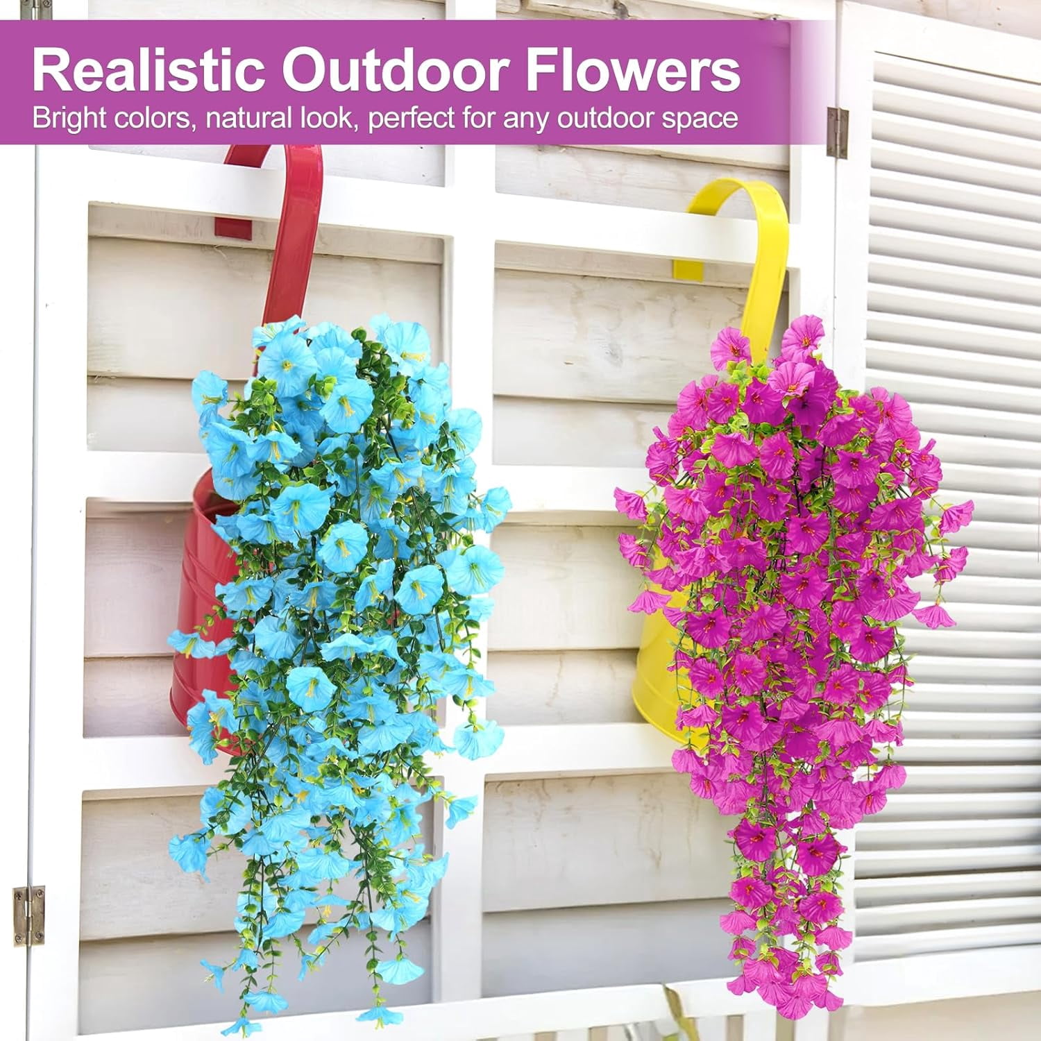 Artificial Flowers for Outdoors Decoration, 4Pcs Fake Hanging Flowers Morning Glory UV & Fading Resistant, Artificial Faux Plants Deocr for Home Porch Patio Balcony Planter Yard Garden Farmhouse
