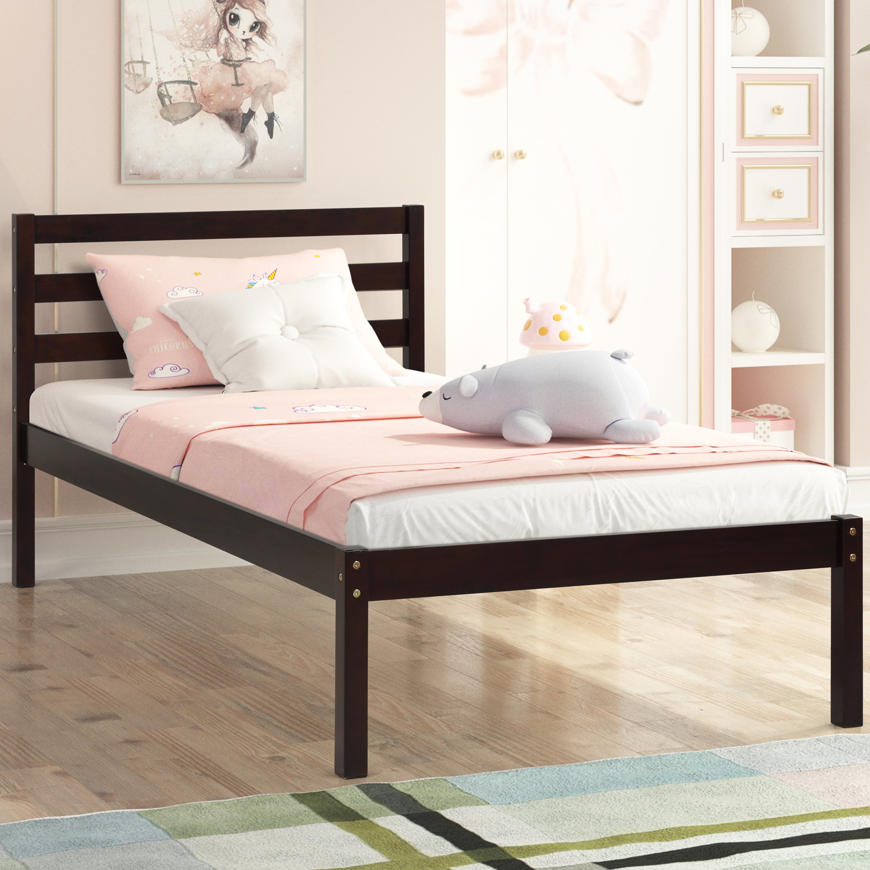  uhomepro Espresso Solid Pine Wood Platform Bed Frame with Headboard ...