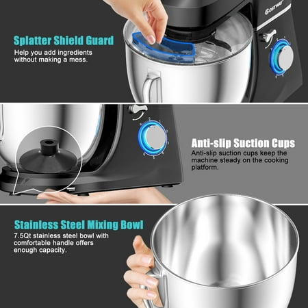 Costway - Tilt-Head Stand Mixer 7.5 Qt 6 Speed 660W with Dough Hook, Whisk & Beater - Black