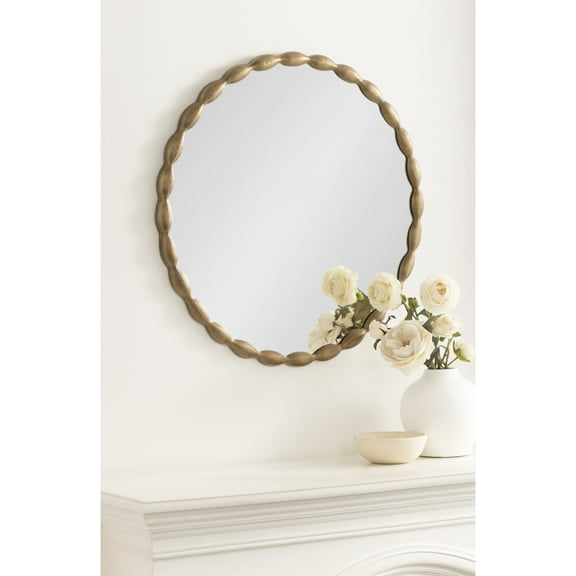 Kate and Laurel Perlina Modern Scalloped Round Mirror, 26 Inch Diameter, Antique Brass, Decorative Circle Wavy Mirror with Unique Rippled Edge and a Sand-Cast Aluminum Frame