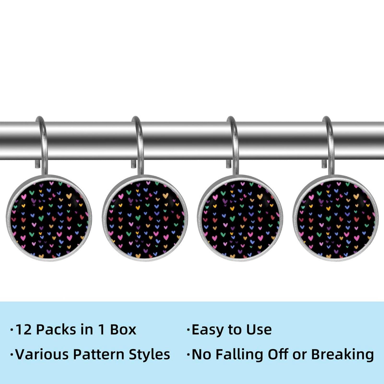 12pcs Decorative Shower Curtain Hooks, Rust Resistant Shower Rings for Bathroom Living Room,Rustproof Stainless Steel Rings for Shower Curtain and Liner Rods,Colorful Hearts Black