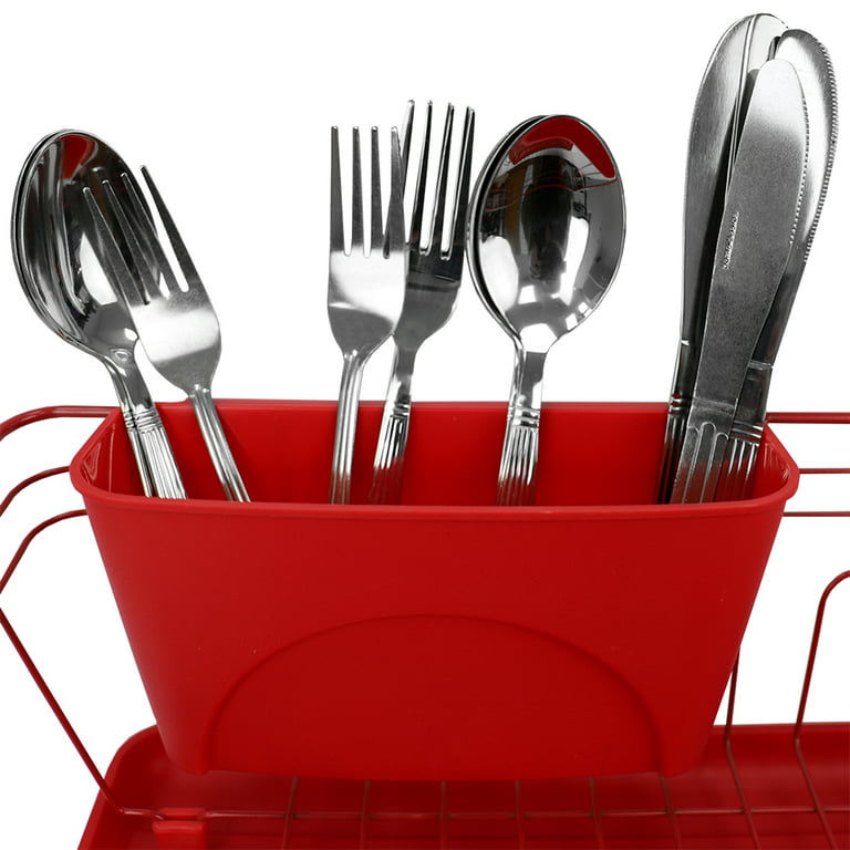 2 Tier Dish Drainer, By Home Basics (Red) Dish Rack For Kitchen Counter,  With Cutlery Holder and Cup Slots