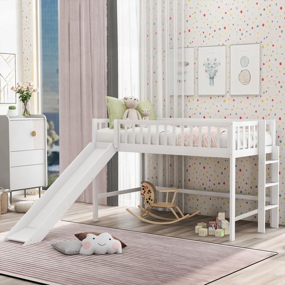 White Twin Size Low Loft Bed with Attached Ladder and Removable Slide for Fun