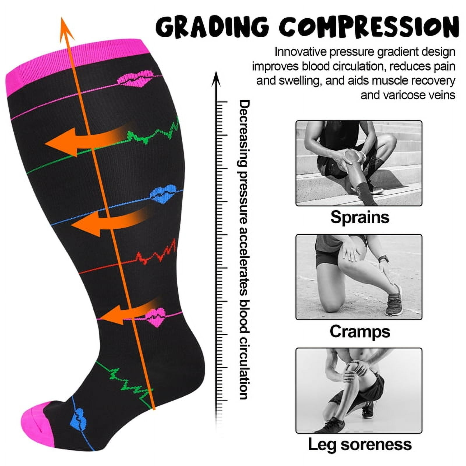 Hengguang 3 Pairs Plus Size Compression Socks for Women & Men, 20-30 mmHg Wide Calf Extra Large Knee High Flight Socks Compression Stockings for Circulation Support4xl