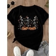 thumbnail image 2 of Women's Plus Size Halloween Short Sleeved T-Shirt Featuring Dancing Skeletons And Jack O Lanterns With Autumn Leaves Casual Funny Holiday Party T, 2 of 6