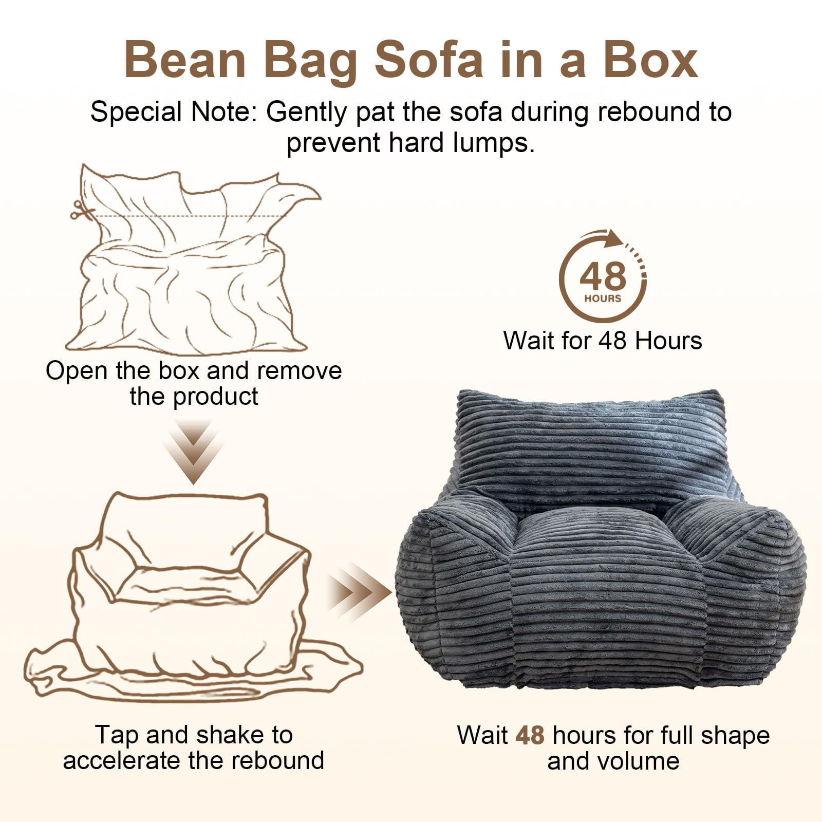 Peispie Giant Bean Bag Chair for Adults, Wide Seat Comfy Corduroy Floor Sofa with Armrests, Shredded Memory Foam Lazy Lounger, Oversized Gaming & Reading Chair for Bedroom 400LBS, Grey