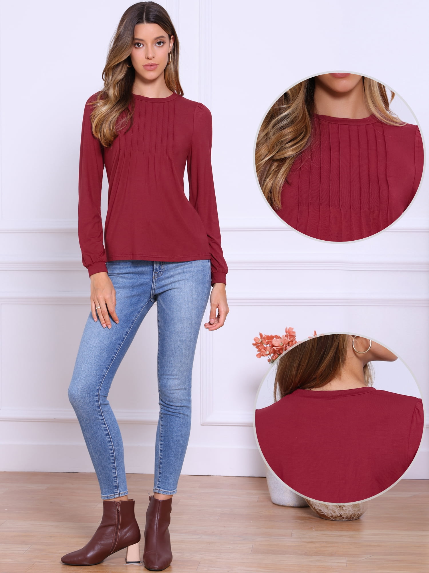 DARING DIVA Women's Pleated Trim Casual Long Sleeve Top XS Burgundy