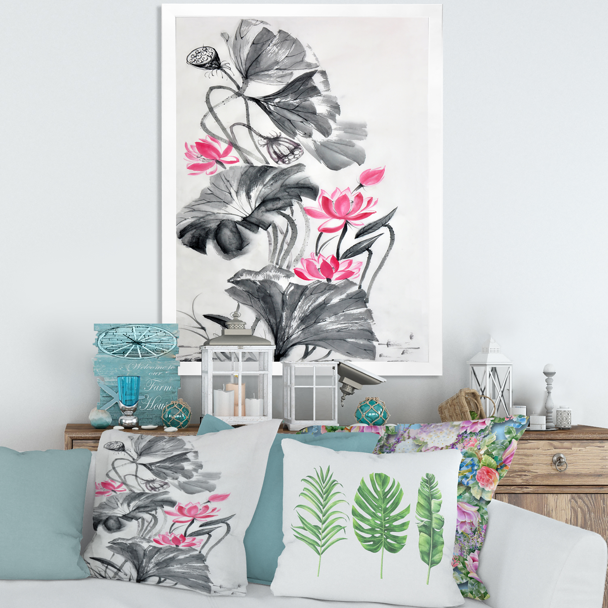 Designart 'Pink Vintage Lotus Flower and Monochrome Leaves' Traditional Framed Art Print