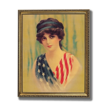 - Victorian Lady America Flag Wall Picture Gold Framed Art Print