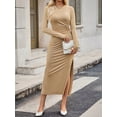 thumbnail image 4 of Women'S Bodycon Maxi Dress Mock Neck Side Slit Fall Long Sleeve Ruched Long Dress Khaki L, 4 of 9