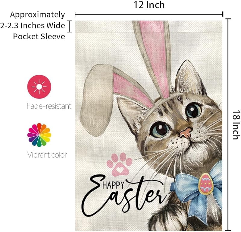 Happy Easter Cat Garden Flag Double Sided for Outside Small Burlap Rabbit Ear Holiday Yard Decoration