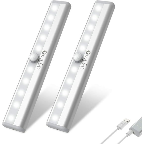 Motion Sensor Under Cabinet Lights, OxyLED USB Rechargeable 2 Pack Stick - On Closet Lighting, No Wire Installation for Kitchen, Cabinet, Wardrobe, Shelf (7.5 Inch, 10 LEDs, Pure White)