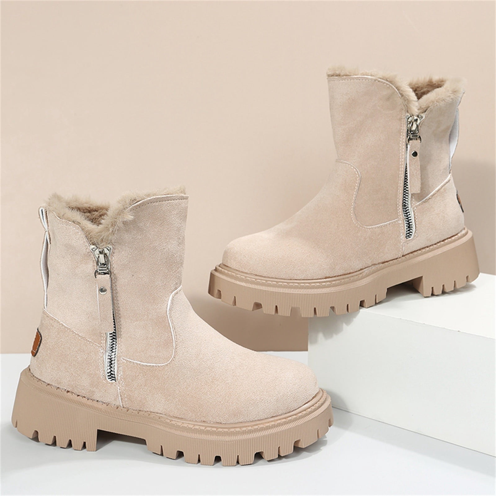 Bottes D'hiver Femme En Cuir Et Laine - Chaudes, Confortables, Talon Bloc 4 Cm, Style Décontracté - 3