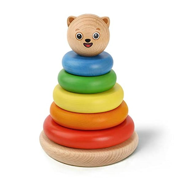 Bimi Boo Stacking Toys for Toddlers- Rainbow Ring Tower Stacker, Wooden Educational Column Toy for Early Development -Play and Learn Numbers Activity Toy - Matching Wood Rings and Color Reco