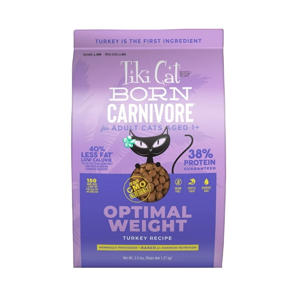 Tiki Cat Born Carnivore Optimal Weight, Turkey, Low-Calorie Grain-Free Baked Kibble to Maximize Nutrients, Dry Cat Food, 2.8 lbs. Bag.