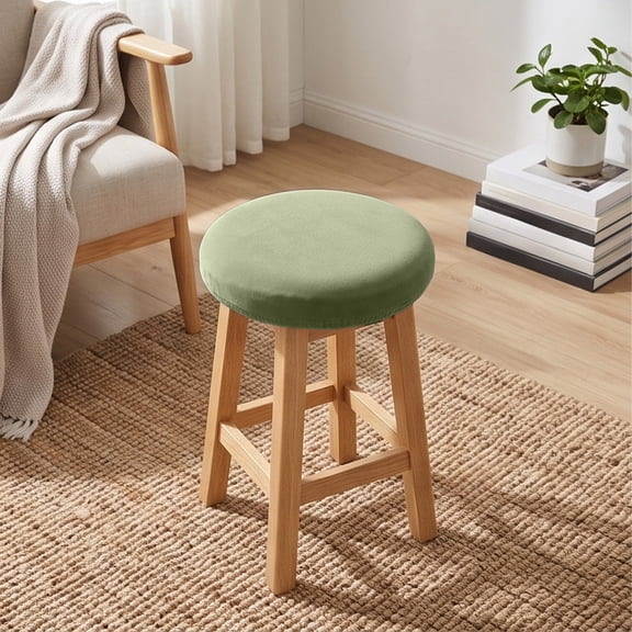 Round Linen Bar Stool Cover Furniture Slipcovers Salon Seating Protection Elastic Textured Fabric For Swivel Rolling Seat Green