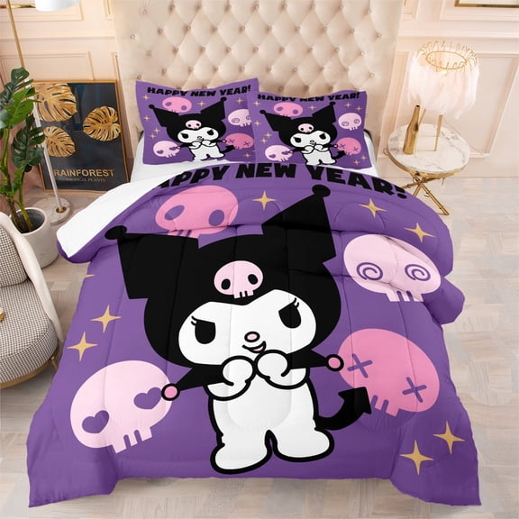 Twin/Twin XL Comforter Set - 3 Pieces Kuromi Purple Comforters Bedding Sets for All Season, Bed in a Bag with Quilt & Pillowcases