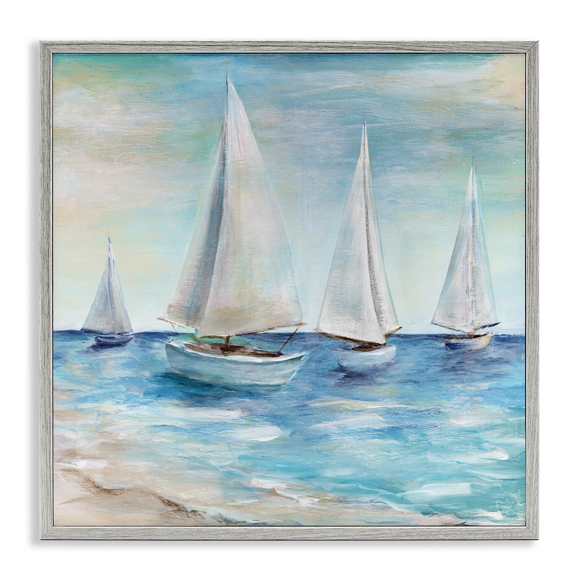 Stupell Industries Sailboats Floating Peacefully Daytime Beach Shoreline Painting Painting Gray Framed Art Print Wall Art, Design by Marilyn Dunlap