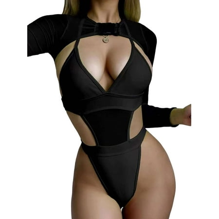 ZIYIXIN Women 2Pcs Neon Rave Outfit Festival Clubwear Low Cut Bodysuit Swimsuit + Long Sleeve Sheer Mesh Shrug with Buckle
